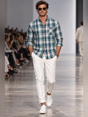 Charleston Threads Men’s L Green Blue Plaid 100% Cotton Long Sleeve Button Up